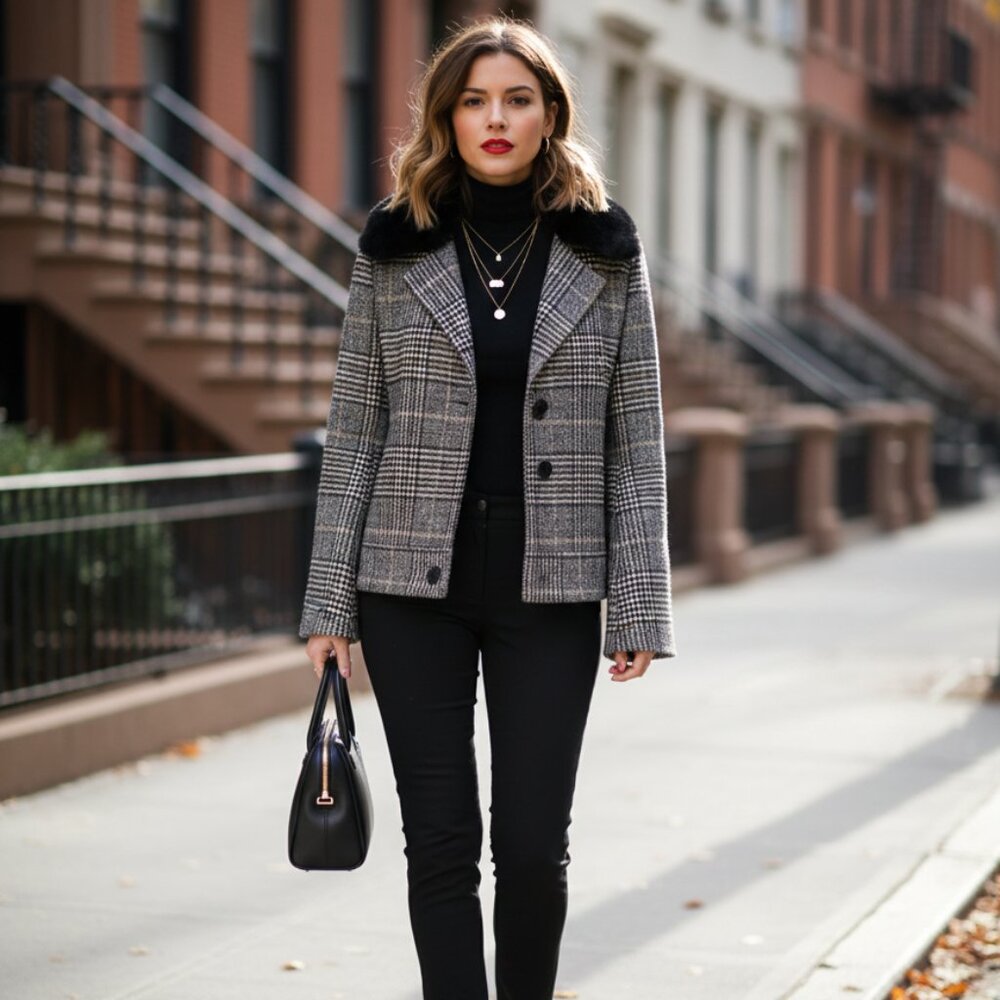 Love Token Plaid Blazer Jacket Faux Fur Removeable Collar Size‎ XS Bell Sleeves